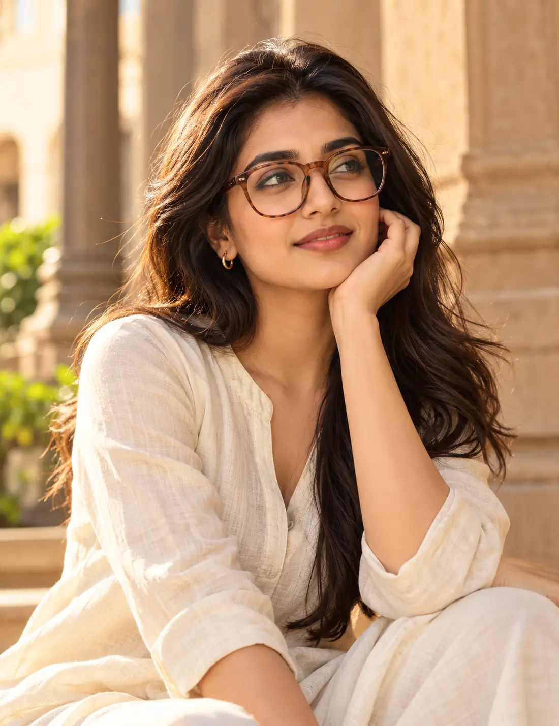 Young Indian woman wearing tortoiseshell optical glasses and an ivory linen outfit against a warm sandstone background in golden-hour sunlight