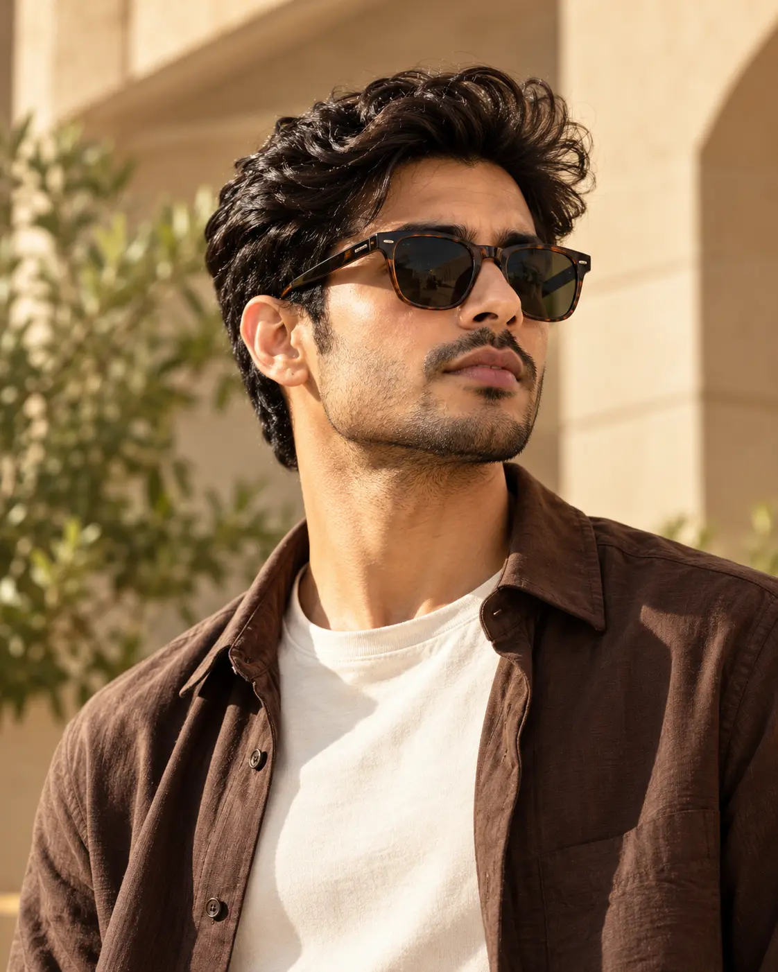 Man in dark sunglasses and a brown shirt